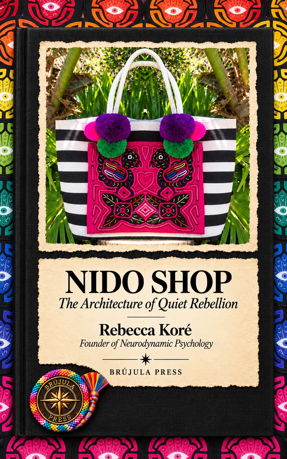 Nido Shop: The Architecture of Quiet Rebellion cover: A striped mola tote on a black cloth book over colorful hand-and-eye textile panels.