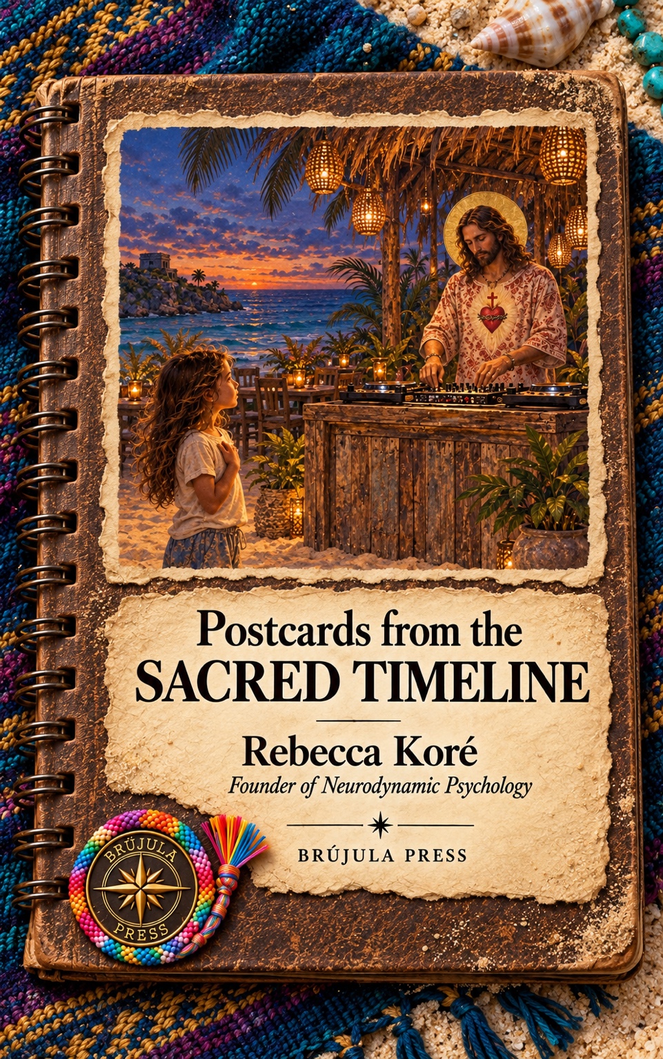 Postcards from the Sacred Timeline cover: Jesus at a Tulum DJ booth and a girl on the sand, on a journal over woven textiles.