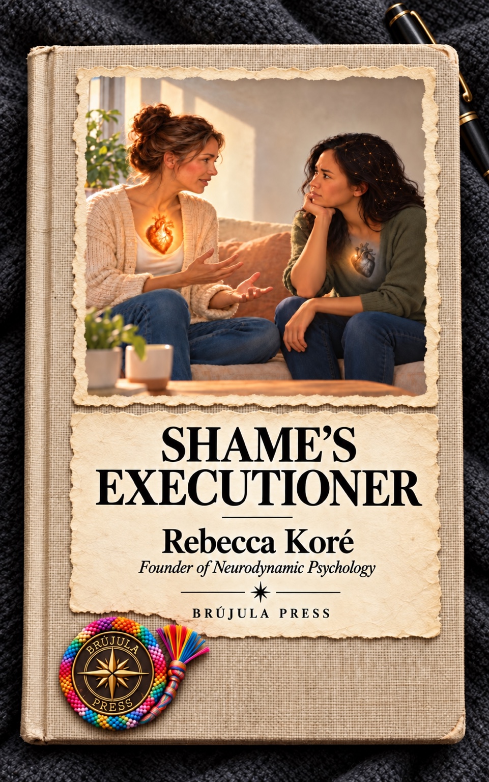 Shame’s Executioner cover: Two women in conversation with anatomical hearts, on a linen journal over charcoal wool.
