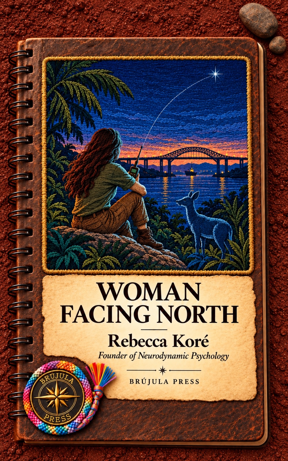 Woman Facing North cover: An embroidered woman with a radio and blue deer beside the Panama Canal at dusk.